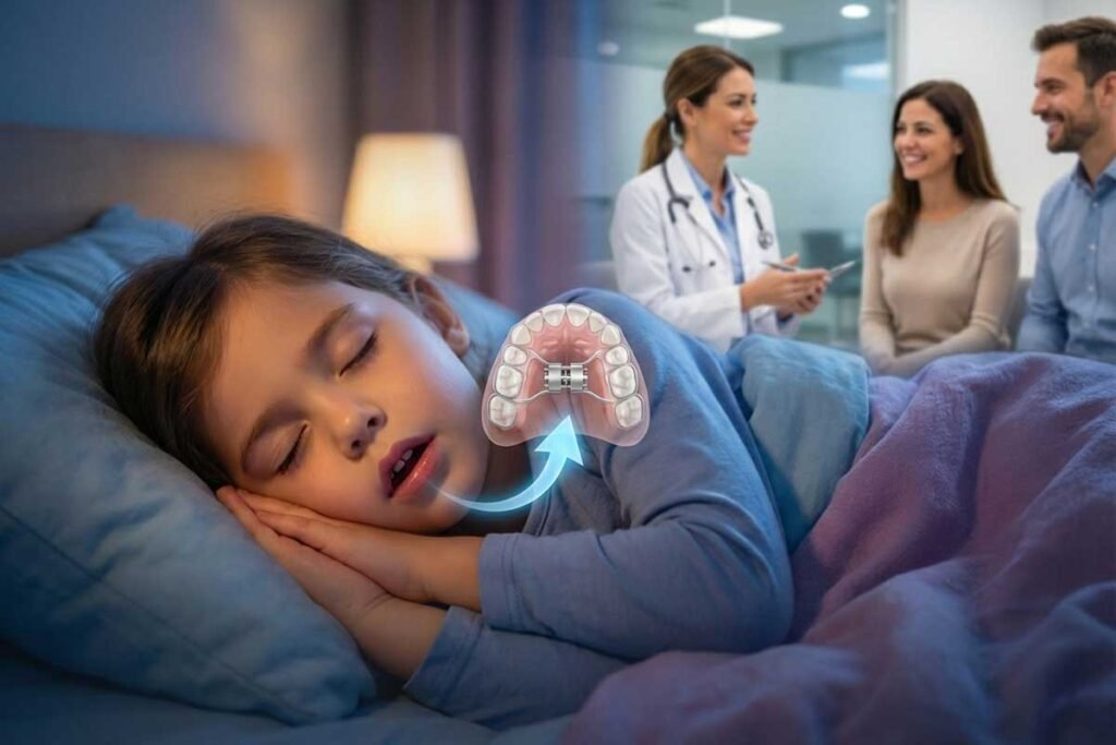 A split-screen style image showing a young girl sleeping with her mouth open to represent mouth breathing, alongside a background scene of a female orthodontist consulting with two parents in a professional clinic setting.