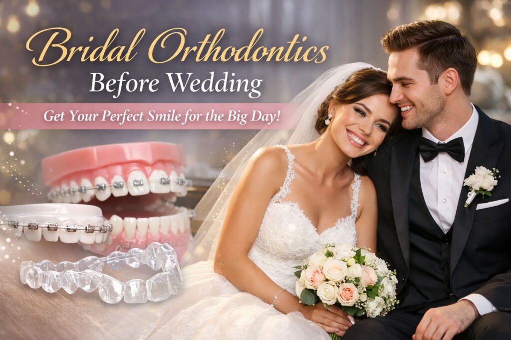 Bride and groom smiling on wedding day with clear aligners and braces displayed for bridal orthodontics treatment.