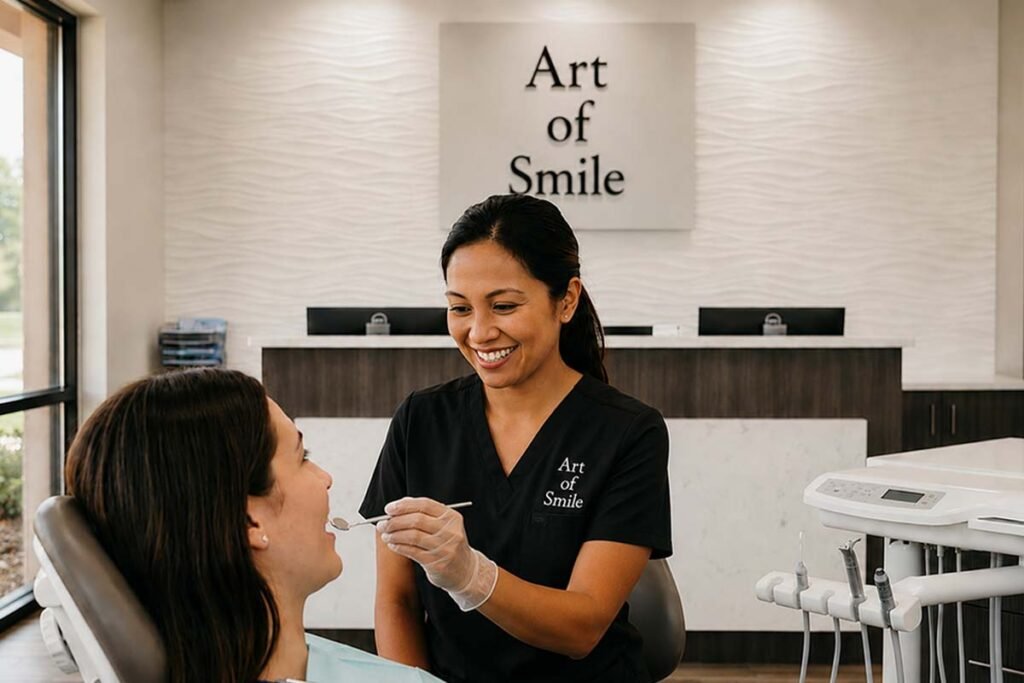 Orthodontic specialist consulting with a patient at Art of Smile dental clinic during a routine orthodontic examination