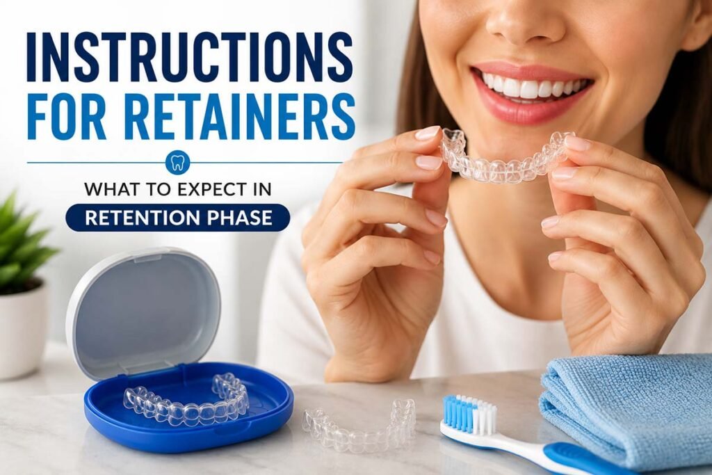Instructions for Retainers – Patient holding a clear retainer during the orthodontic retention phase with retainer case and cleaning tools