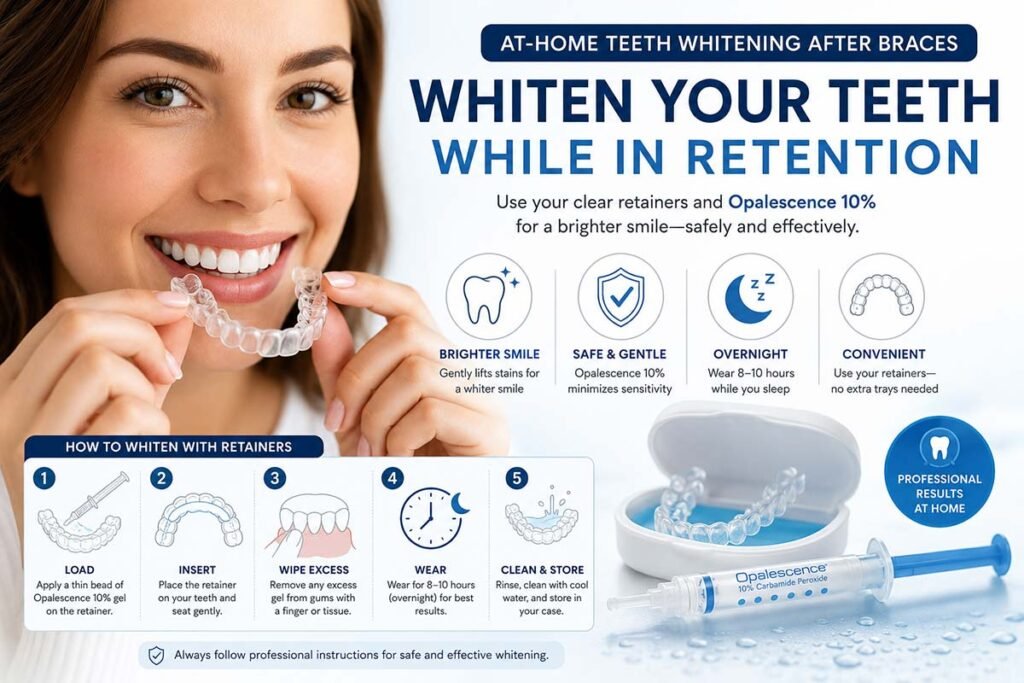 Patient holding clear retainers for at-home teeth whitening after braces with Opalescence 10% gel.