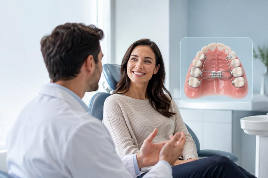 Adult patient consulting with an orthodontist about a palate expander for adults and maxillary expansion treatment.
