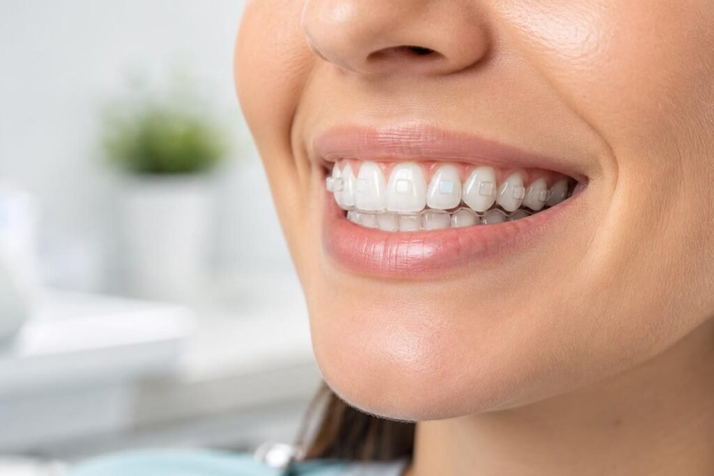 Smiling patient wearing clear aligners with tooth-colored Invisalign attachments visible on the front teeth.