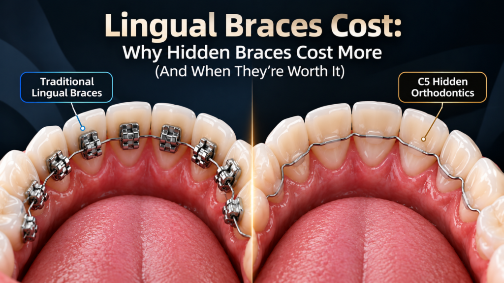 Traditional lingual braces vs. C5 Hidden Orthodontics showing metal brackets and customized wires behind teeth, explaining hidden braces cost.